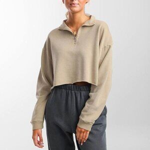 Casual Streetwear Athleisure Cropped 1/4 Zip Tan Collared Sweatshirt [size L]